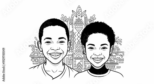 Two children with smiling faces, framed by intricate tribal patterns and flora