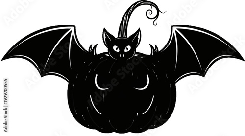 A black bat with large wings atop a carved pumpkin with a spooky face