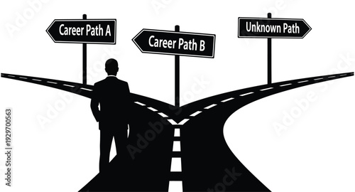 A person contemplates career choices at a crossroads black silhouette