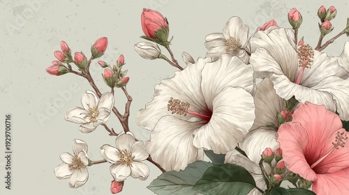 Elegant Hand-Drawn Floral Sketch Motif with Vibrant Blooms and Green Foliage