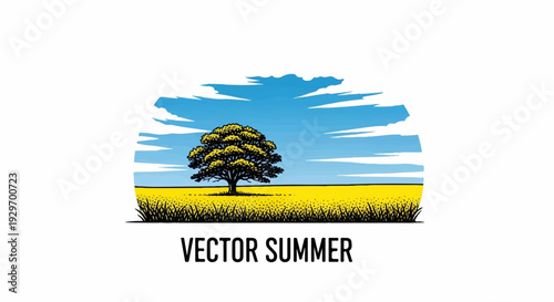 Stylized landscape of a solitary tree in a golden field under a blue sky