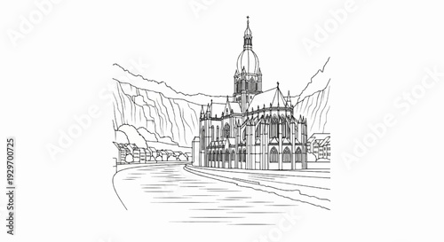 Ornate gothic church sits beside a river with steep cliffs and buildings