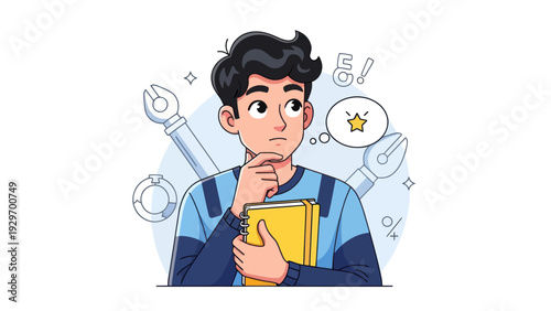 Young man pondering with tools and ideas vector illustration isolated
