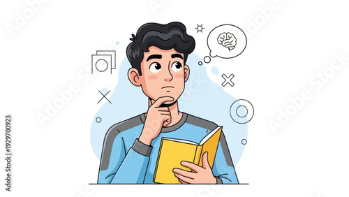 Young man reading and thinking with thought bubble vector illustration