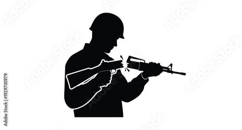 Soldier with rifle depicted in stark black form silhouette