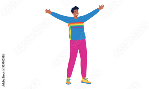 Smiling LGBTQ+ Man with Open Arms Wearing Rainbow Sweater