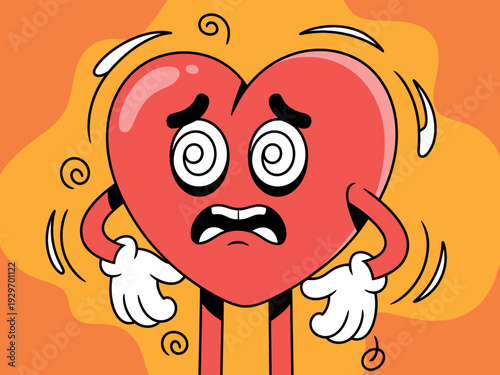 Cartoon heart character with worried expression and sweaty palms on orange background illustration
