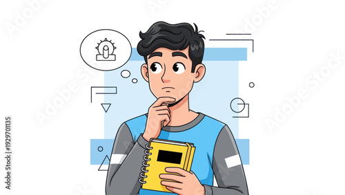 Young man thinking about a book illustrated in vibrant cartoon style