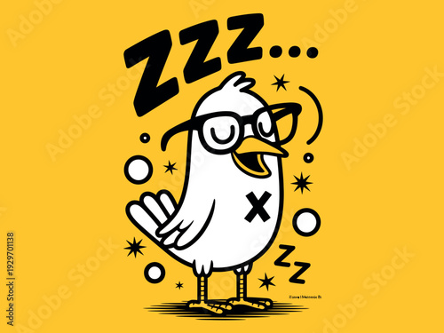 Cartoon white bird wearing glasses, sleeping, zzz, yellow background, illustration, funny animal design