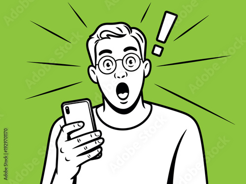 Cartoon man shocked by phone news with exclamation mark on green background illustration
