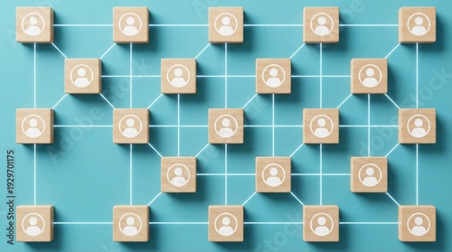 Connected people network with wooden blocks and icons on blue background