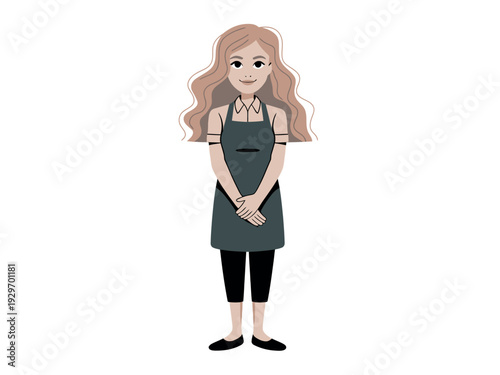 Cartoon woman in gray apron and black leggings standing on white background smiling