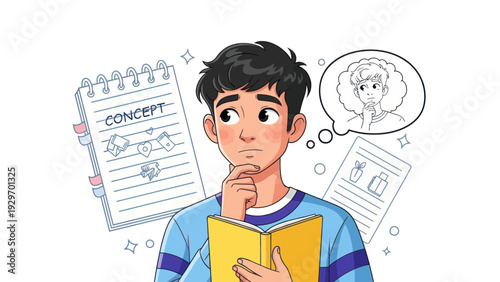 Young man pondering ideas and concepts with thought bubble and notebook