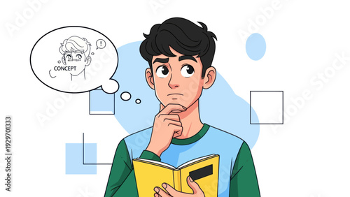 Young man pondering ideas holding a book with thought bubble illustration