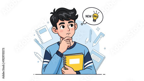 Young man thinking about a new idea illustration with copy space
