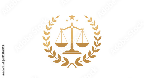 Golden scales of justice surrounded by laurel wreath and stars.