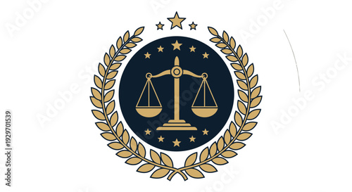 Golden laurel wreath with scales of justice and stars emblem.