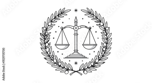 Simple black and white illustration of a scale surrounded by a laurel wreath with stars.