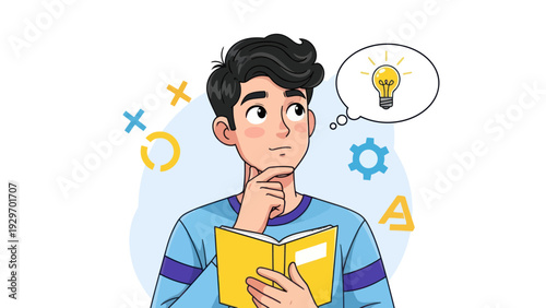Young man pondering ideas with light bulb thought bubble and open book