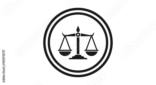 Black and white illustration of scales of justice in a circular frame.