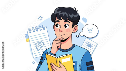 Young man pondering ideas with notebook and thought bubble illustration