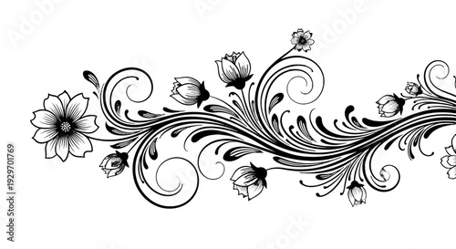Elegant black and white floral design with swirling patterns.