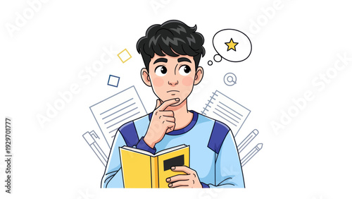 Young man pondering ideas with thought bubble above his head