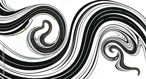 Abstract black and white swirling wave pattern on white background.