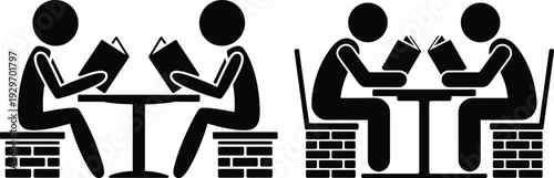 Two pairs of people reading books at tables in a casual setting