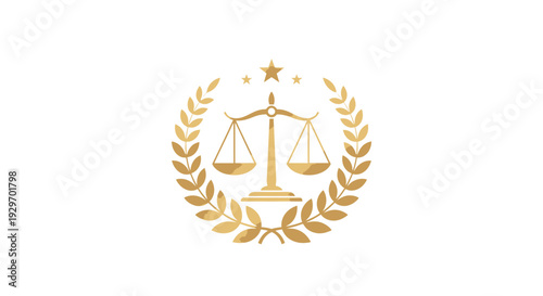 Golden scales of justice surrounded by laurel wreath and star symbol.