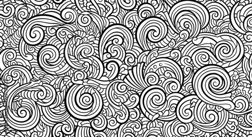 Intricate black and white swirling pattern design.