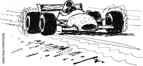 Vintage formula one race car speeding on track in dynamic sketch drawing