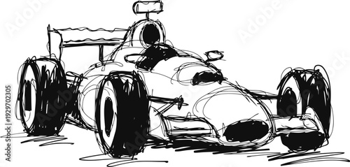 black and white sketch of a racing car with aerodynamic design and large rear wing
