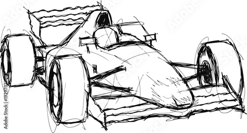 sketch of a racing car with aerodynamic design and large tires on white background