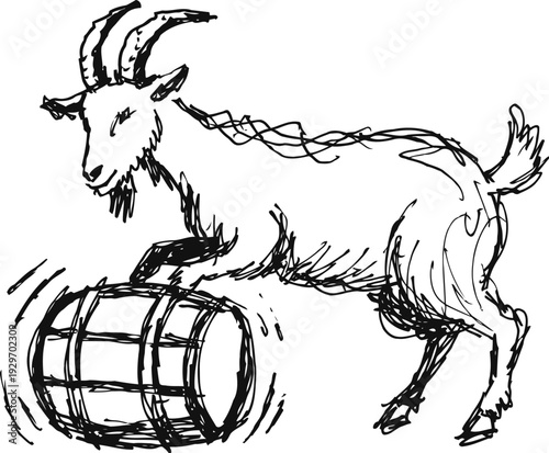Goat playing with a wooden barrel, animal behavior sketch in dynamic motion illustration