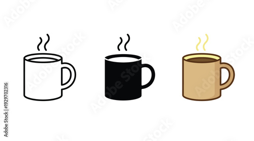 Steaming Coffee Cups in Various Colors Isolated on White Background