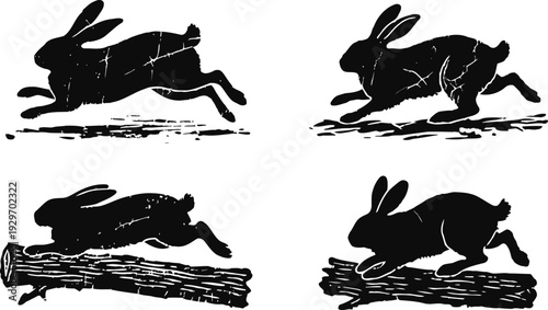 Silhouettes of rabbits jumping and running over logs in various dynamic poses