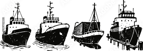 Four black and white silhouettes of cargo ships at sea and dock with containers and antennas