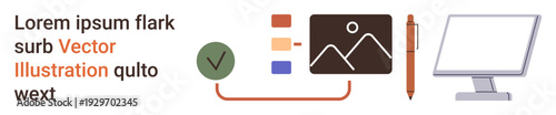 Education, technology, organization, design creation, content management, vector graphics. Elements include a computer monitor, pen checklist and image icon. Education and technology