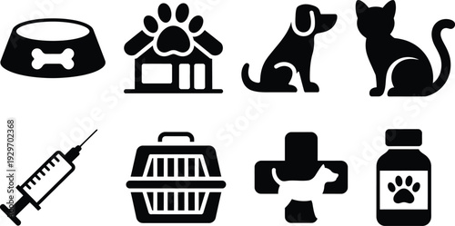Black and white icons representing various aspects of pet care and veterinary services