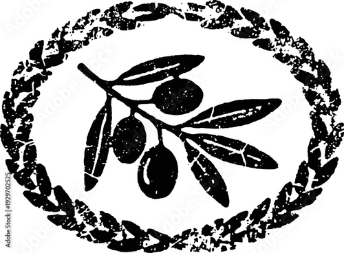 Vintage olive branch with leaves and fruits framed by an oval laurel wreath illustration