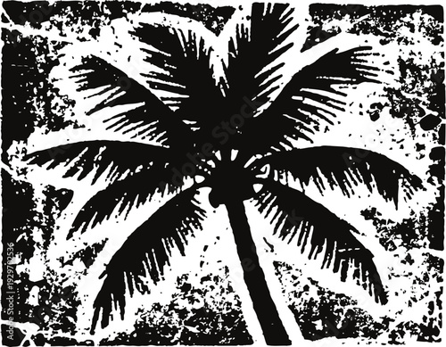 Black palm tree silhouette with grunge textured background in vintage tropical