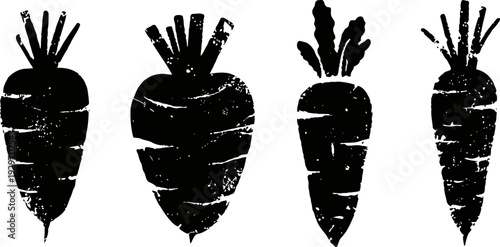 vintage black carrot silhouettes set with textured distressed effect isolated on white background