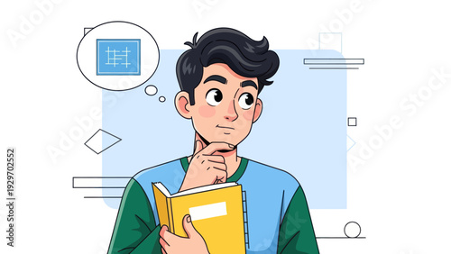 Young man pondering over a blueprint concept with open book and thought bubble
