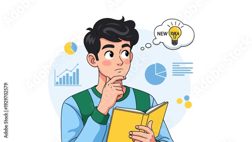 Young man pondering over a book imagining a new idea cartoon style