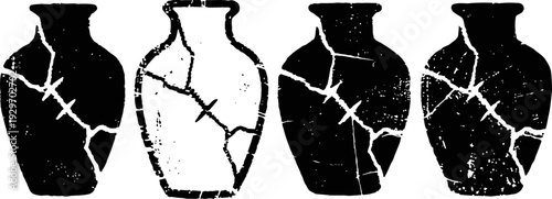 set of cracked ceramic vases with distressed texture isolated on white background