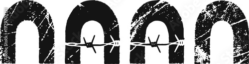 Grunge barbed wire fence silhouette rusty barbed wire on metal poles with weathered texture