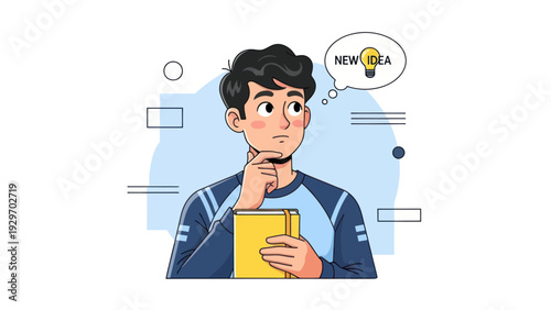 Young man pondering a new idea with lightbulb thought bubble vector