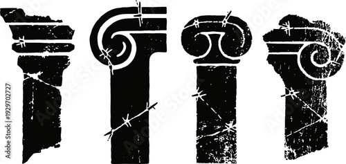 Black distressed icons of classical greek ionic and doric column capitals set with grunge textures
