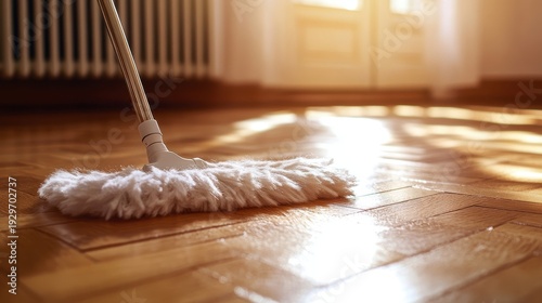 Cleaning wooden parquet floor with a microfiber mop in a sunlit room
